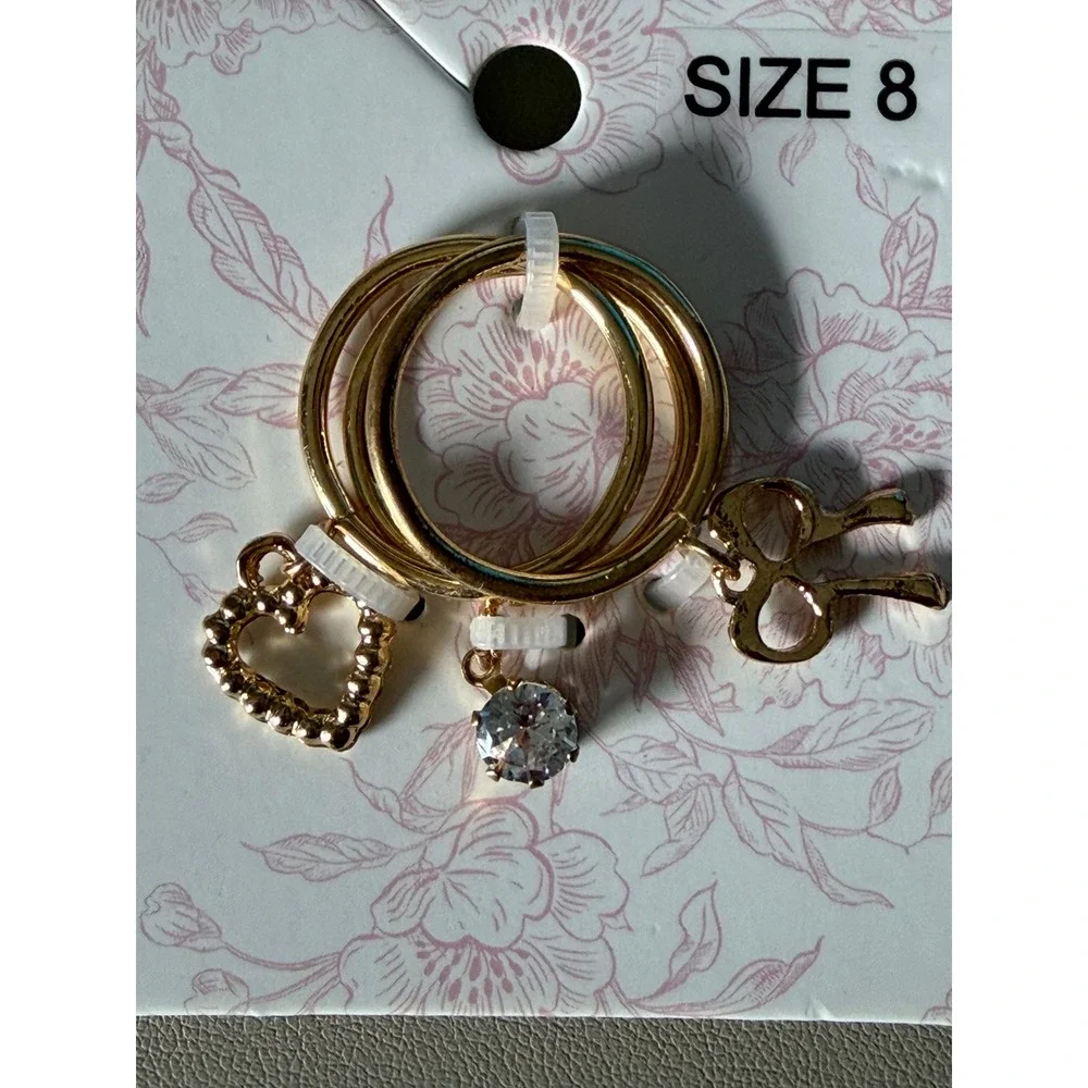 Francesca's Girly Icons Gold Tone Heart Bow Crystal Charm Ring Set 3pc Size‎ 8
